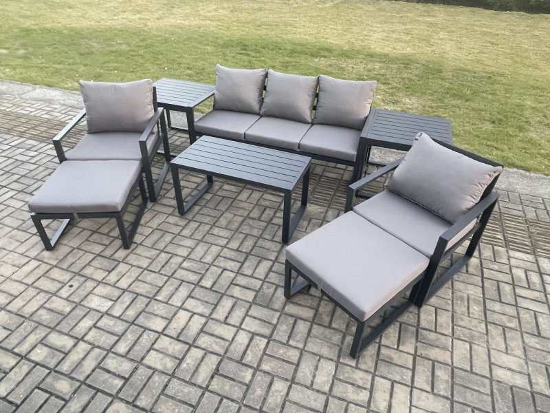 Fimous Aluminium 8 Pieces Garden Furniture Sofa Set with Cushions 7 Seater Outdoor Patio Set with 2 Armchair 2 Big Footstools 2 Side Tables Dark Grey