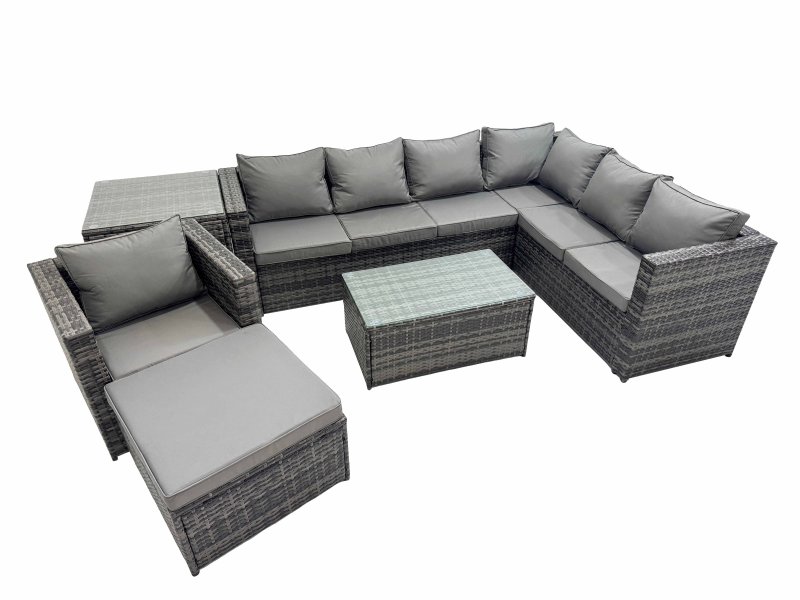 Fimous Patio Sofa Oblong Coffee Table Set Rattan Garden Furniture Set with Big Stool Chair Side Table Dark Grey Mixed