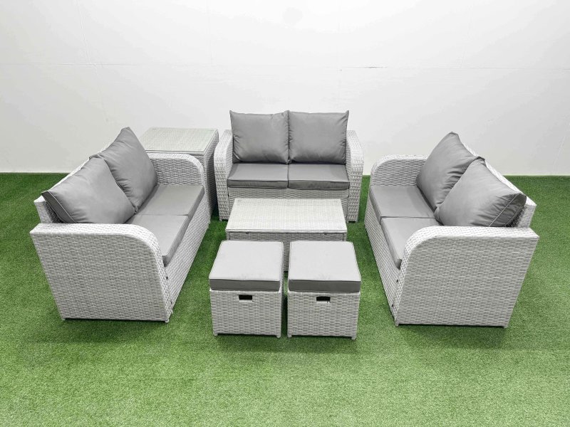 Fimous 8 Seater PE Wicker Rattan Furniture Sofa Sets with Rectangular Coffee Table 2 Seater Love Sofa 2 Stool Side Table Light Grey