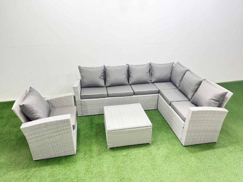 Fimous Rattan Garden Outdoor Furniture Set 7 Seater Rattan Garden Sofa Set with Armchair Light Grey Mixed