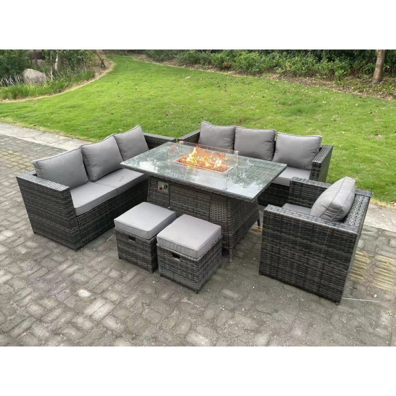 Fimous Rattan Garden Furniture Sofa Set Outdoor Patio Gas Fire Pit Dining Table Gas Heater Burner With Armchair 2 Small Stools 9 Seater Dark Grey Mixed