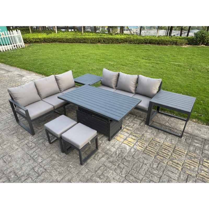 Fimous 6 Pieces Garden Furniture Set Aluminium Adjustable Rising Lifting Dining Table and Sofa Set with Side Table 2 Small Footstools Dark Grey
