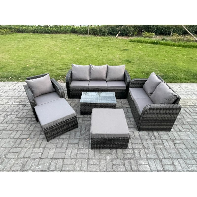 Fimous 8 Seater Garden Furniture Set Rattan Outdoor Lounge Sofa Chair With Tempered Glass Table 2 Big Footstool Dark Grey Mixed