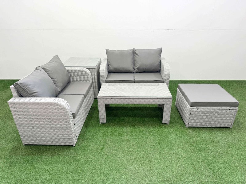 Fimous 5 Seater Outdoor Love Sofa Set Rattan Garden Furniture Set with Oblong Coffee Table Big Footstool Side Table Light Grey