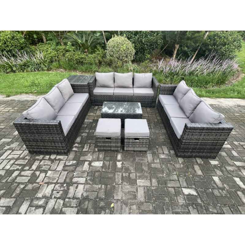Fimous Outdoor Lounge Sofa Set Wicker PE Rattan Garden Furniture Set with Oblong Coffee Table Side Table 2 Small Footstools Dark Grey Mixed