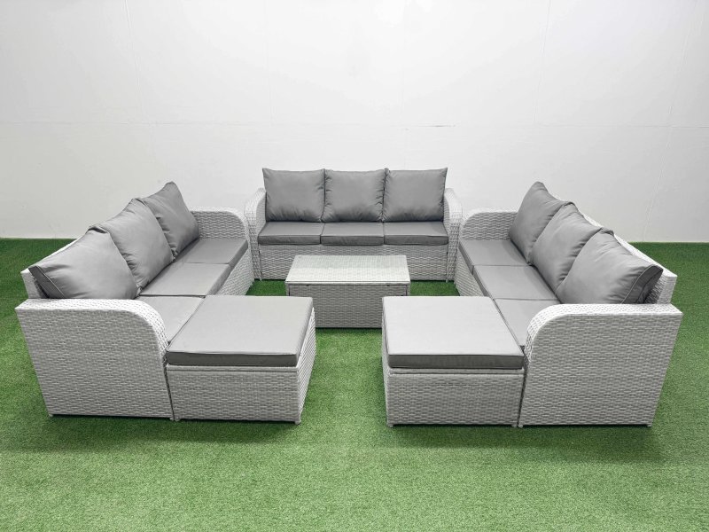 Fimous PE Rattan Lounge Sofa Set 11 Seater Outdoor Garden Furniture Set with Rectangular Coffee Table 3 Seater Sofa 2 Big Footstools Light Grey