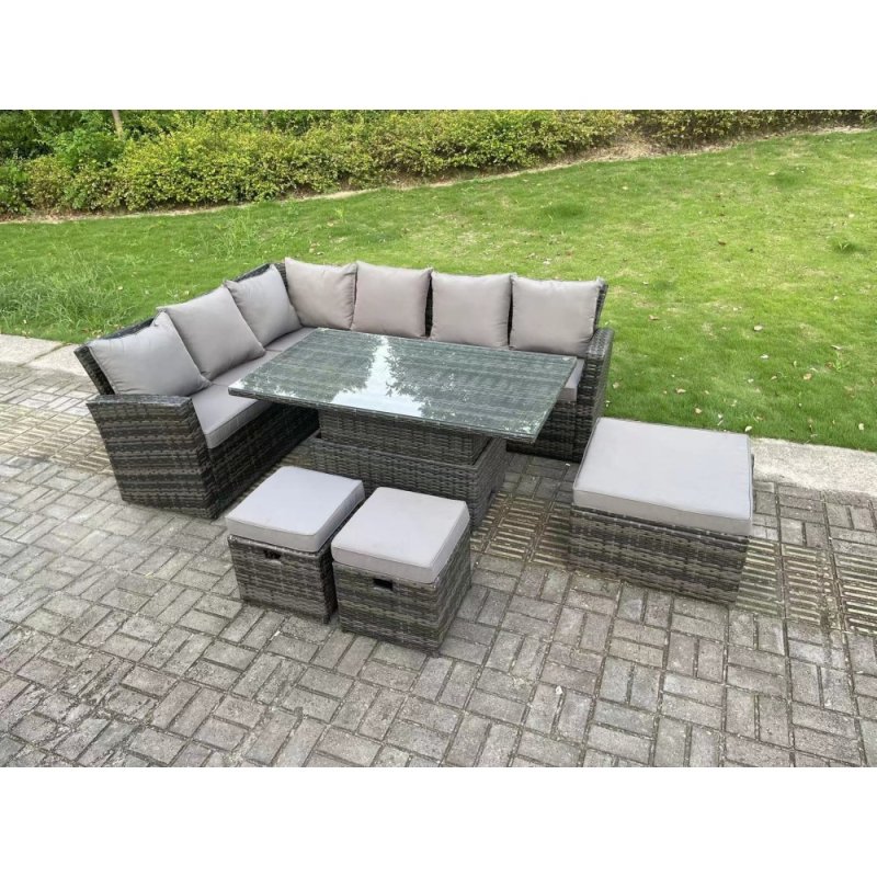 Fimous 9 Seater High Back?Outdoor Rattan Adjustable Rising Lifting Dining Table Corner Sofa Set Garden Furniture Footstools Dark Grey Mixed Left Hand