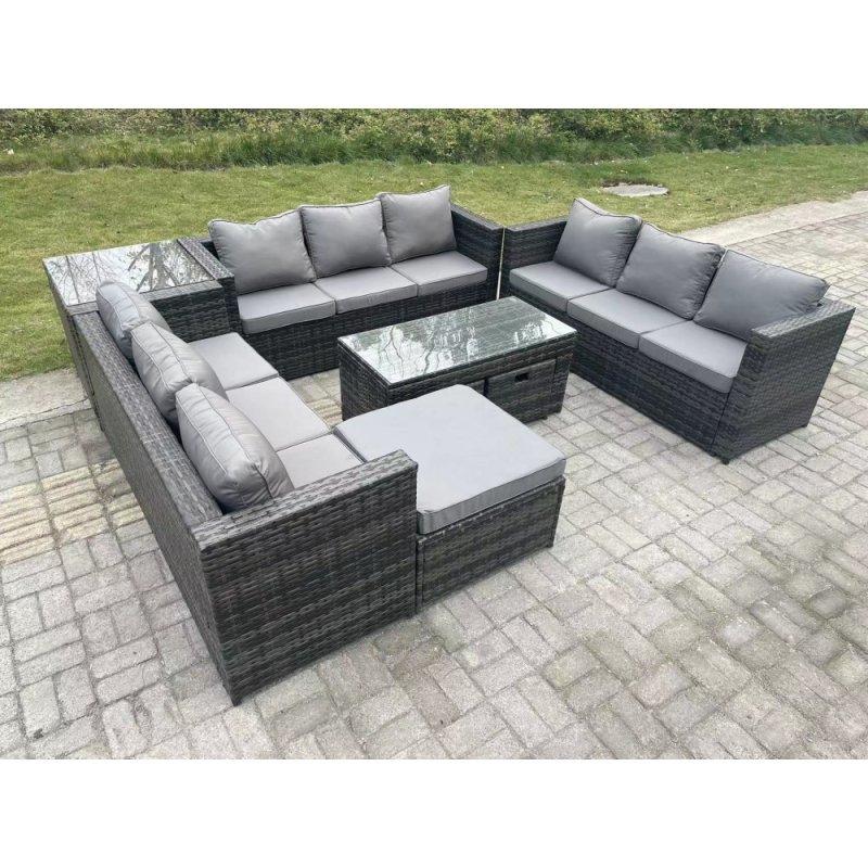 Fimous Outdoor Rattan Garden Furniture Lounge Sofa Set With Oblong Rectagular Coffee Table Big Footstool and 2 Small Stools Side Table