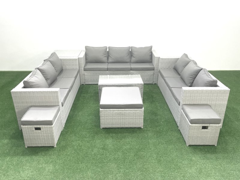 Fimous Rattan Garden Outdoor Furniture Set 12 Seater Garden Sofa Coffee Table Set with 3 Footstools Side Table Light Grey Mixed