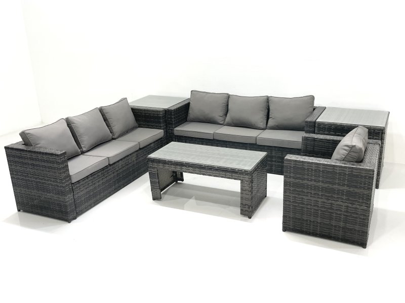 Fimous 7 Seater Rattan Garden Furniture Set Outdoor Lounger Sofa with Coffee Table Armchair 2 Side Tables Dark Grey Mixed