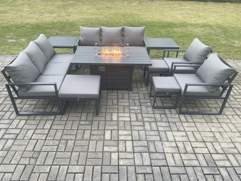 Fimous Aluminium Garden Furniture Outdoor Set Patio Lounge Sofa Gas Fire Pit Dining Table Set with 3 Footstools 2 Side Tables Dark Grey