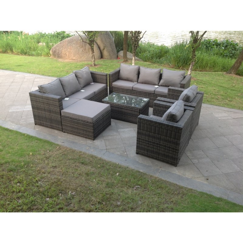 Fimous Outdoor Rattn Garden Furniture Sofa Set Rectangular Coffee Table Lounge Sofa Chair Footstool Converstory Dark Mixed Grey