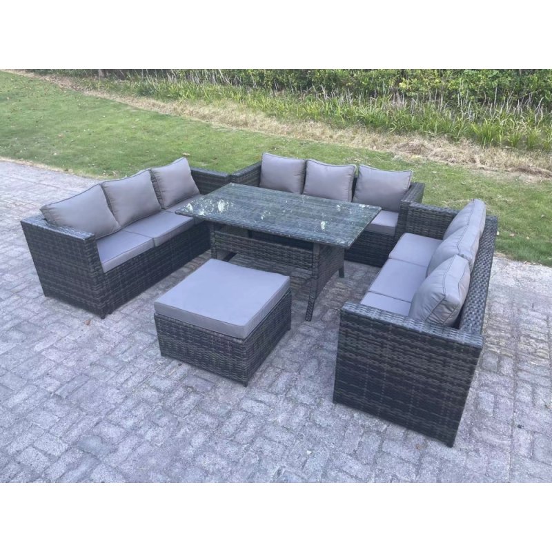 Fimous Outdoor Wicker Garden Furniture Rattan Lounge Sofa Set Patio Rectangular Dining Table with Big Footstool 10 Seater Dark Grey Mixed