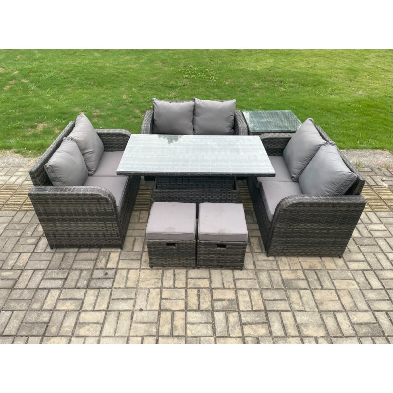 Fimous Rattan Garden Outdoor Furniture 3 PC Love Sofa Set Patio Adjustable Rising lifting Dining Table With Side Table 2 Small Footstools