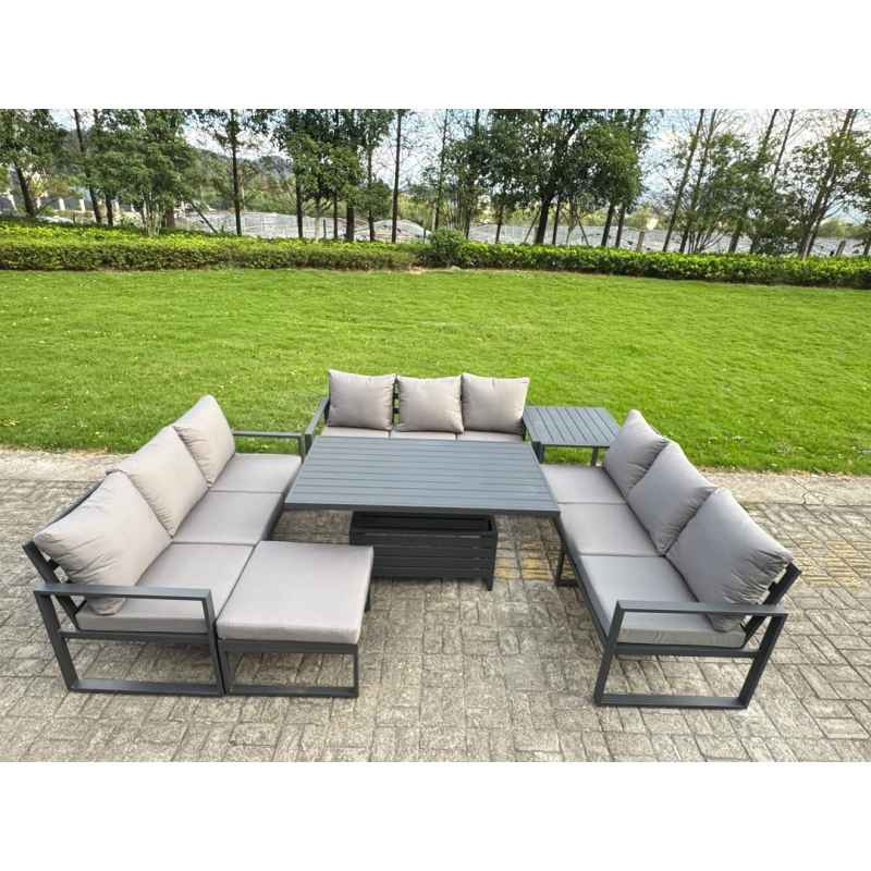 Fimous U-shaped Garden Furniture Set 10-Seater Aluminium Outdoor Dining Set with Adjustable Rising Lifting Dining Table Big Footstool Dark Grey