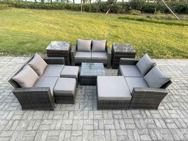 Fimous Outdoor Lounge Sofa Set Wicker PE Rattan Garden Furniture Set with Square Coffee Table Double Seat Sofa 3 Footstools 2 Side Tables Dark Grey Mixed