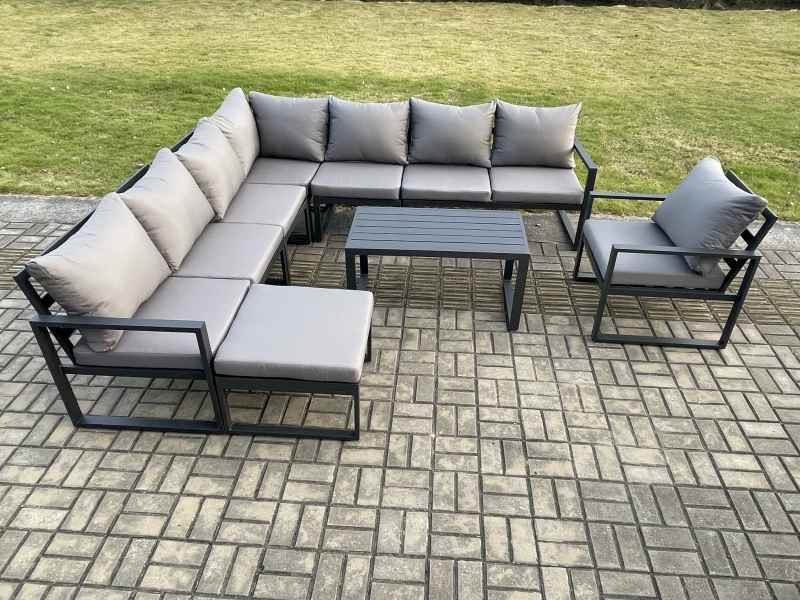 Fimous Aluminium Patio Outdoor Garden Furniture Lounge Corner Sofa Set with Oblong Coffee Table Big Footstool Chair Dark Grey