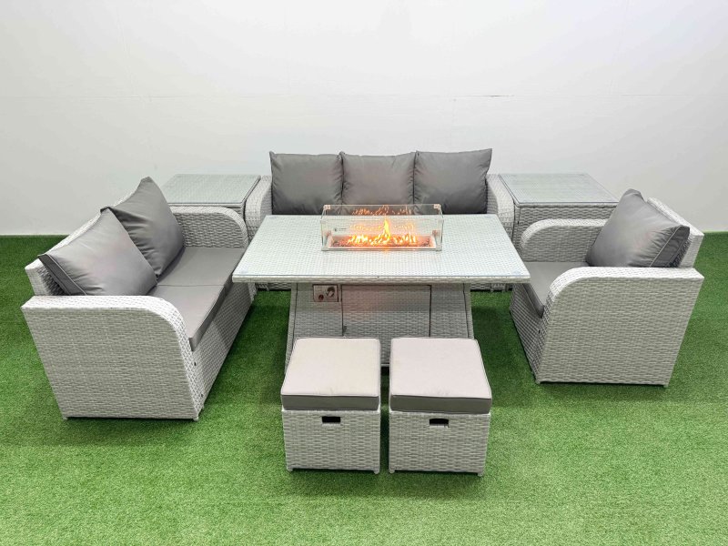 Fimous Patio PE Wicker 8 Seater Outdoor Rattan Furniture Sofa Sets with Firepit Dining Table Reclining Chair Loveseat Sofa 3 Seater Sofa Stool 2 Side Table Light Grey