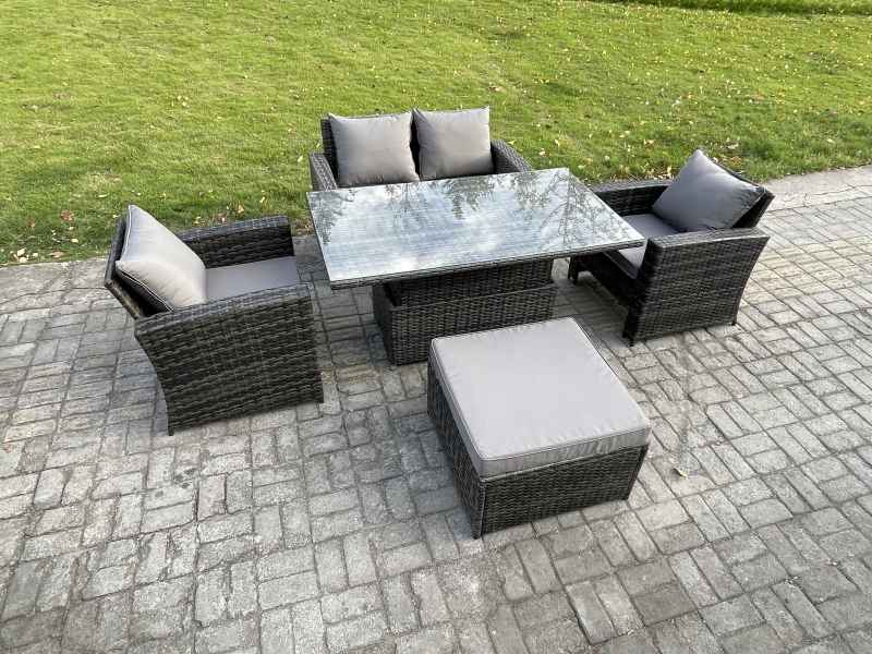 Fimous Outdoor Garden Dining Sets 5 Seater Rattan Patio Furniture Sofa Set with Rising Lifting Table Big Footstool Dark Grey Mixed