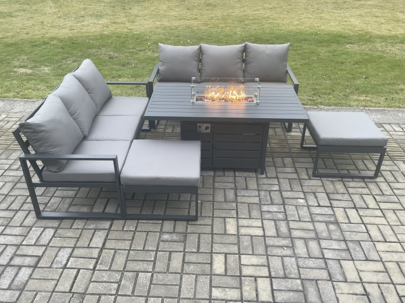 Fimous Aluminium 8 Seater Outdoor Garden Furniture Lounge Sofa Set Gas Fire Pit Dining Table with 2 Big Footstools Dark Grey