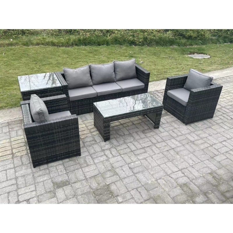 Fimous Lounge Rattan Sofa Set Outdoor Garden Furniture Oblong Rectangular Coffee Table With 2 Chairs Side Table