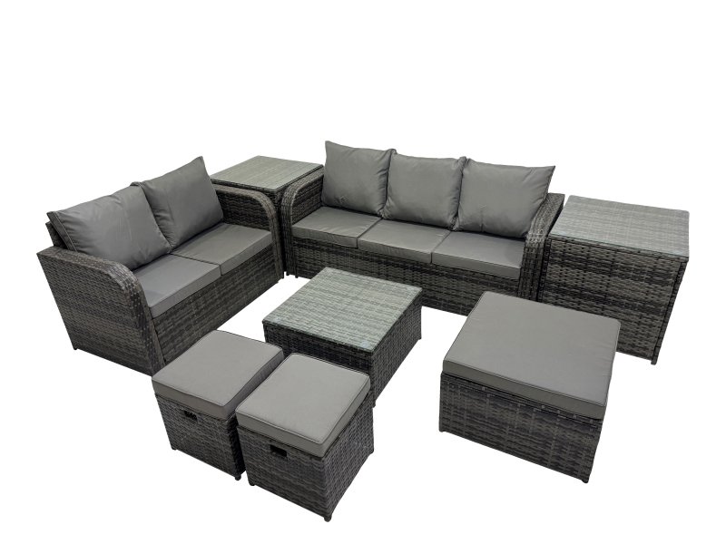 Fimous Wicker PE Rattan Garden Outdoor Furniture Set Love Sofa Square Coffee Table Set with 3 Stools 2 Side Tables Dark Grey Mixed