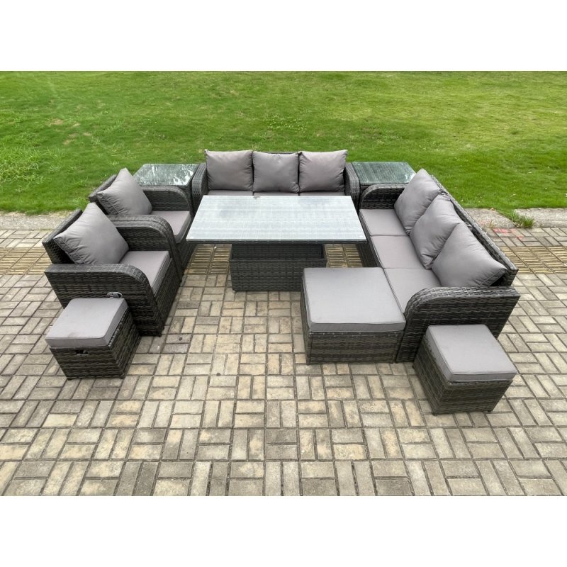 Fimous 11 Seater Rattan Outdoor Garden Furniture Sets Height Adjustable Rising lifting DiningTable Sofa Set with Reclining Chair 2 Side Tables 3 Footstools Dark Grey Mixed