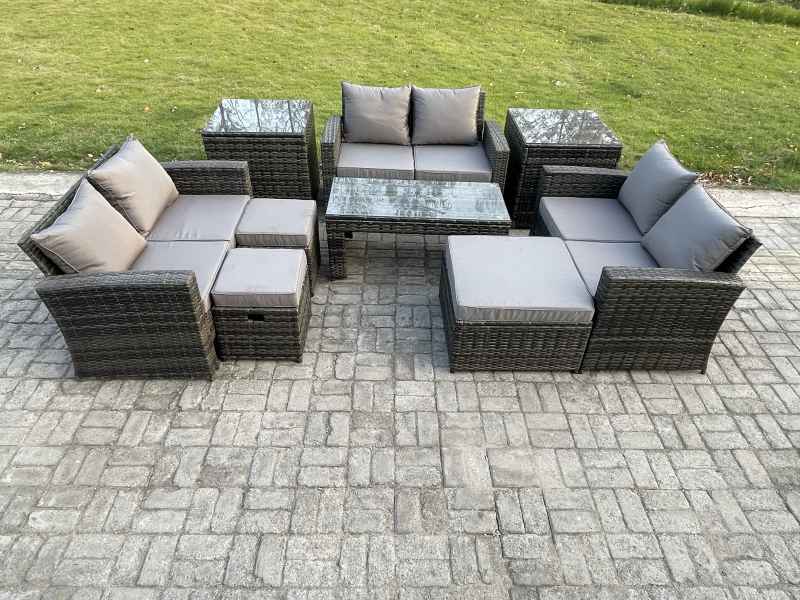 Fimous Outdoor U Shape Sofa Set Wicker PE Rattan Garden Furniture Set with Coffee Table Double Seat Sofa 3 Footstools 2 Side Tables Dark Grey Mixed