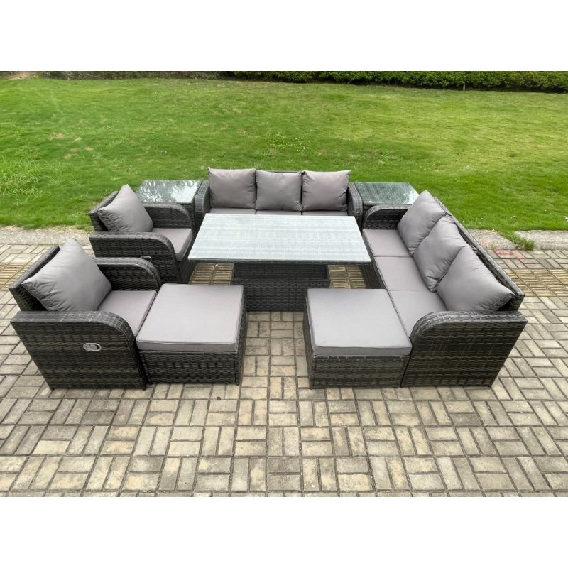 Fimous Rattan Outdoor Garden Furniture Sets Height Adjustable Rising lifting Dining Table Reclining Chair Sofa Set with 2 Side Tables 2 Big Footstools Dark Grey Mixed