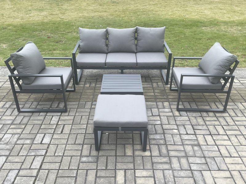 Fimous Aluminium Outdoor Garden Furniture Set Lounge Sofa 2 PC Chairs Square Coffee Table Sets with Big Footstool Dark Grey