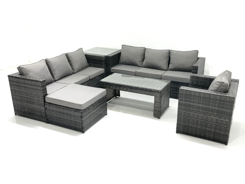 Fimous Rattan Garden Furniture Set Outdoor 8 Seater Patio Conversation Sets with Glass Top Coffee Table Side Table