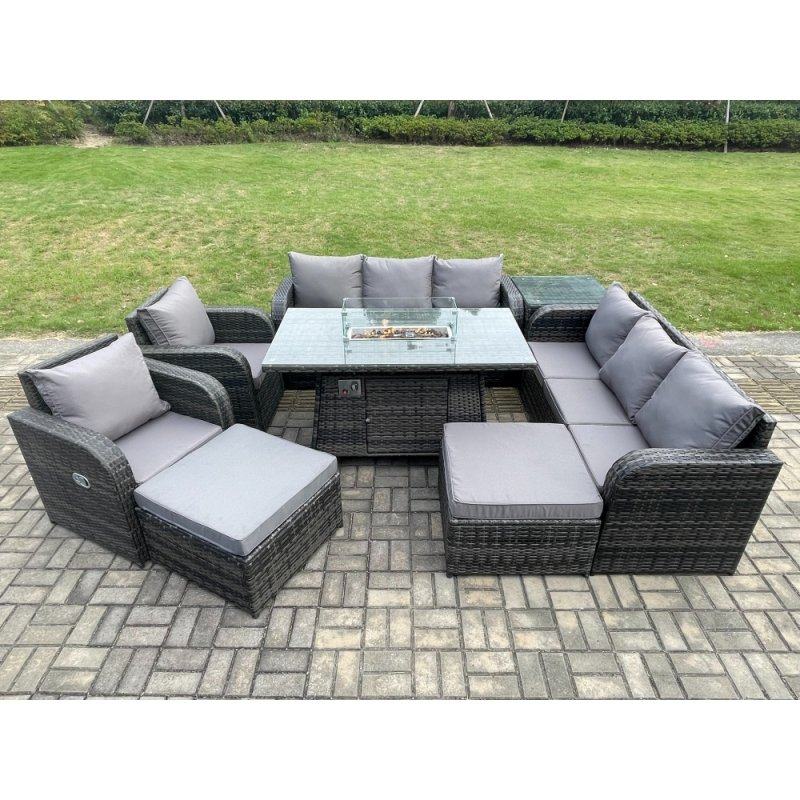 Fimous Rattan Outdoor Furniture Gas Fire Pit Rectangle Dining Table Gas Heater Adjustable Reclining Chair 3 Seater Sofa Sets 10 Seater
