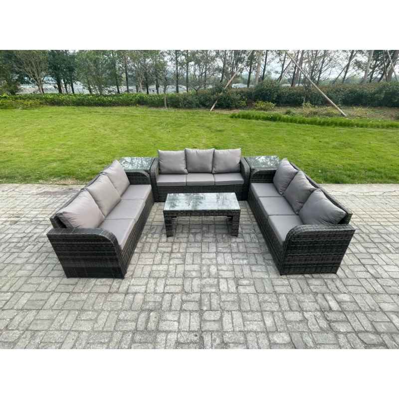 Fimous 9 Seater Outdoor Lounge Sofa Set Rattan Garden Furniture Set with Rectangular Coffee Table 2 Side Tables 3 Seater Sofa Dark Grey Mixed
