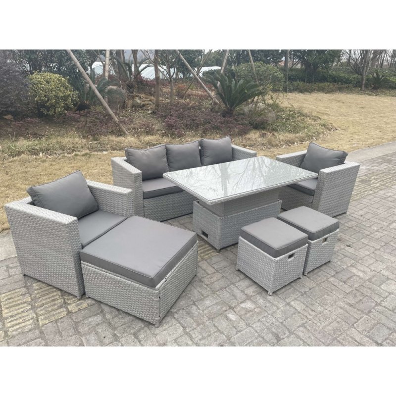 Fimous Rattan Garden Funiture Set Adjustable Rising Lifting Table Lounge Sofa Dining Set 2 Chairs Big And Small Footstool