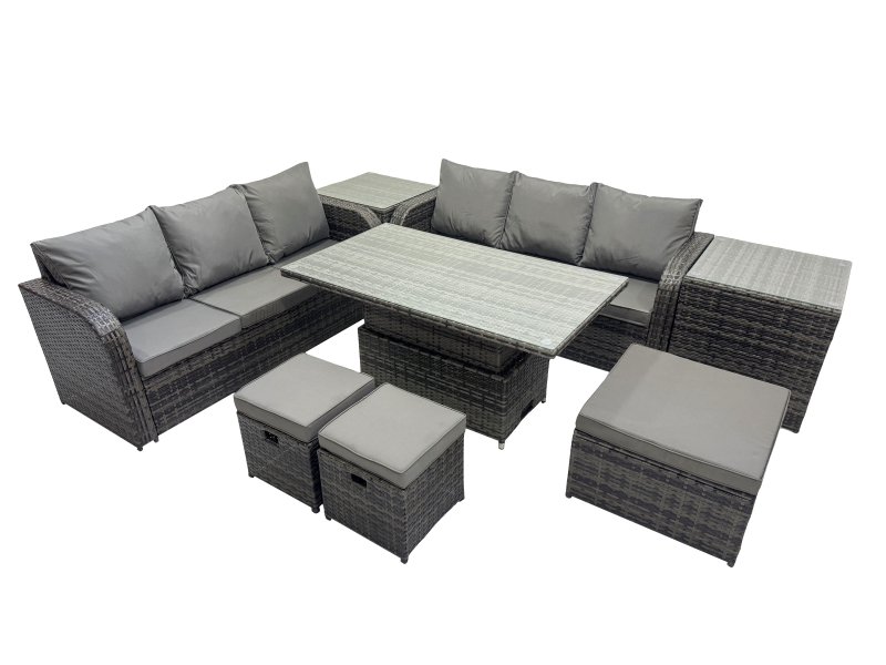 Fimous Rattan Garden Furniture Dining Set 9-seater Patio Height Adjustable Rising Lifting Table Sofa Set with 2 Side Table 3 Footstools Dark Grey Mixed