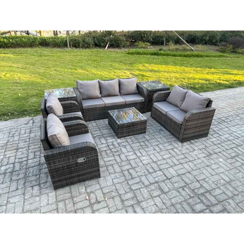 Fimous 7 Seater Garden Furniture Set Rattan Outdoor Lounge Sofa Chair With Tempered Glass Table 2 Side Tables Dark Grey Mixed