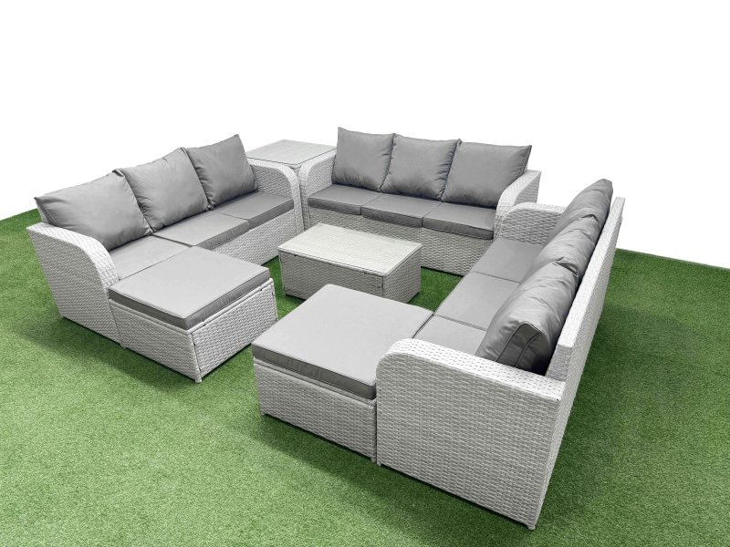 Fimous PE Rattan Lounge Sofa Set 11 Seater Outdoor Garden Furniture Set with Rectangular Coffee Table 3 Seater Sofa 2 Big Footstools Side Table Light Grey