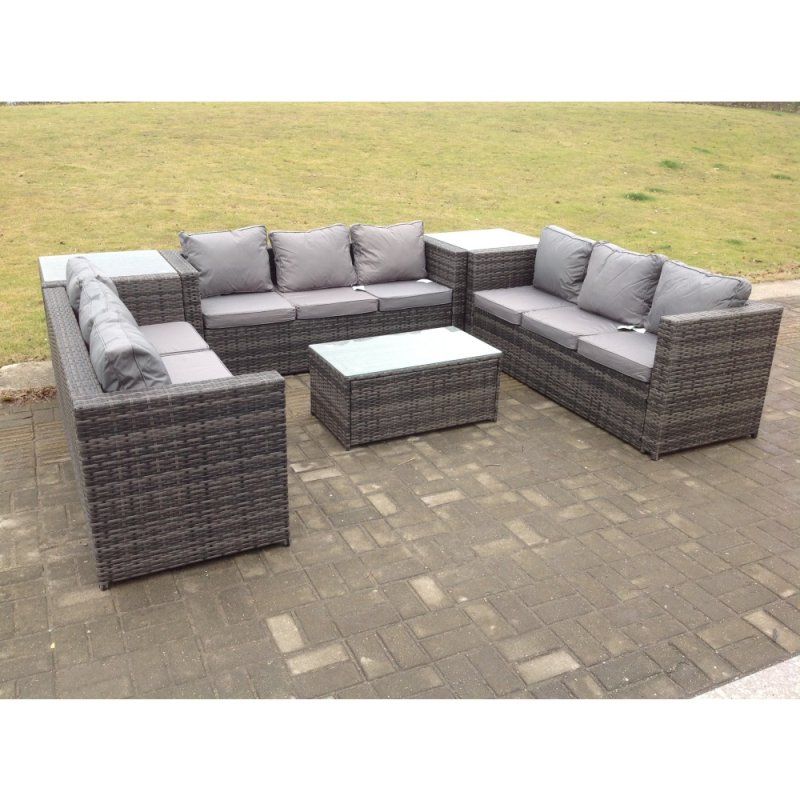 Fimous Outdoor Rattan Garden Furniture Lounge Sofa Set With Oblong Coffee Table And 2 Side Tall Table