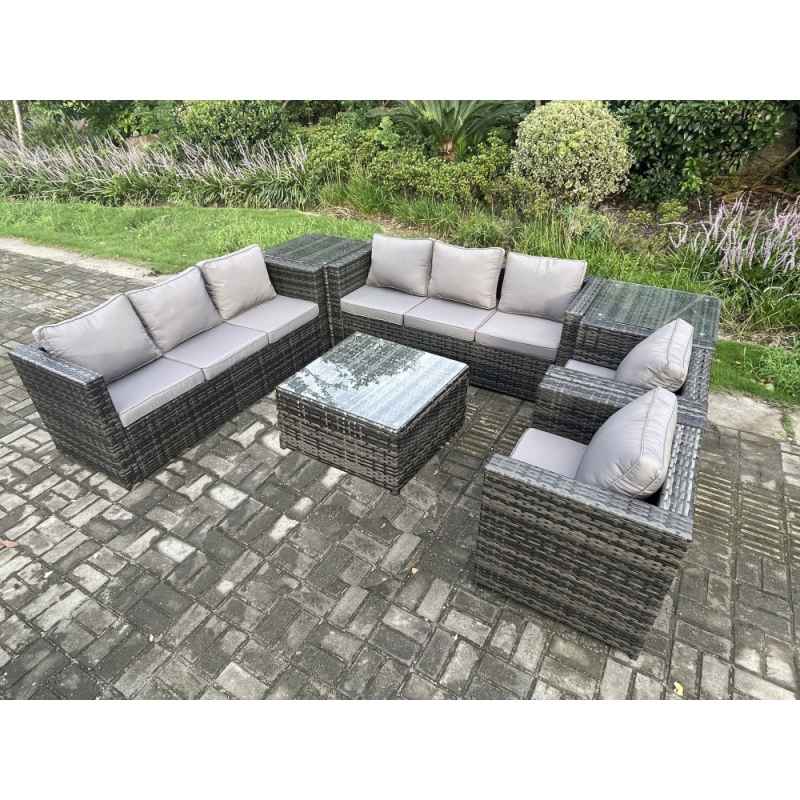 Fimous 8 Seater Rattan Garden Furniture Sofa Set with 2 Armchairs Square Coffee Table 2 Side Tables Indoor Side Table Outdoor Rattan Set Dark Grey Mixed