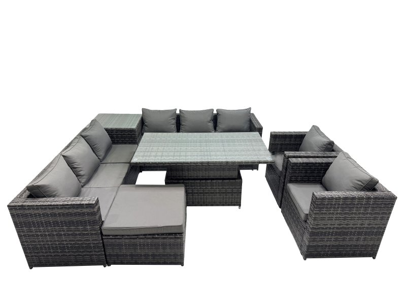 Fimous 9 Seater Outdoor Corner Sofa Height Adjustable Rising Lifting Table Set Garden Rattan Furniture Set with Side Table Big Stool Dark Grey