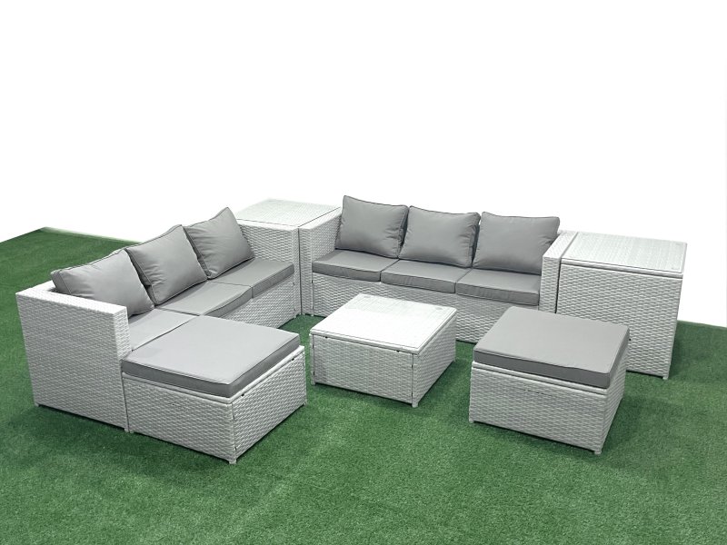 Fimous Rattan Garden Outdoor Furniture Set 8 Seater Rattan Garden Sofa Set with 2 Big Footstools 2 Side Tables Light Grey Mixed