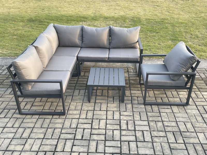 Fimous Outdoor Garden Furniture Set Aluminium Lounge Sofa Square Coffee Table Sets with Chair Indoor Conservatory Set Dark Grey