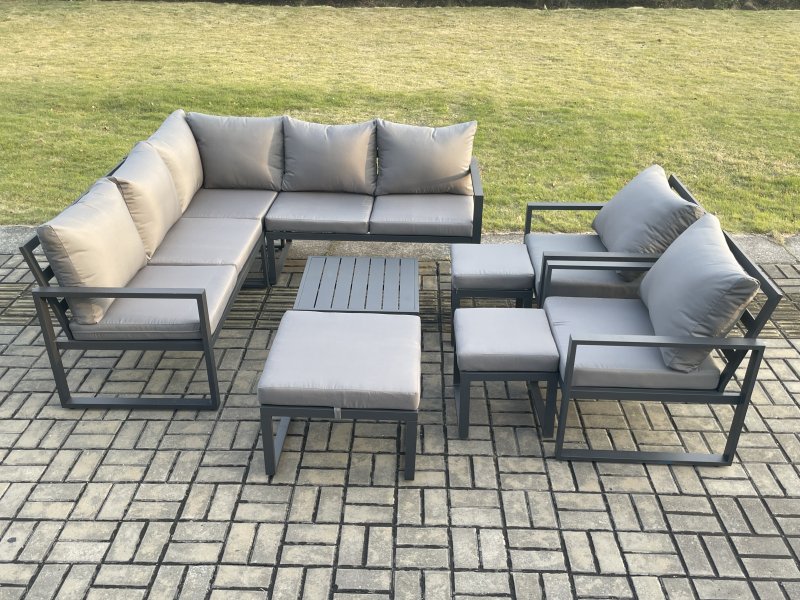 Fimous 10 Seater Outdoor Aluminium Garden Furniture Set Corner Lounge Sofa Set with Square Coffee Table 3 Footstools Dark Grey