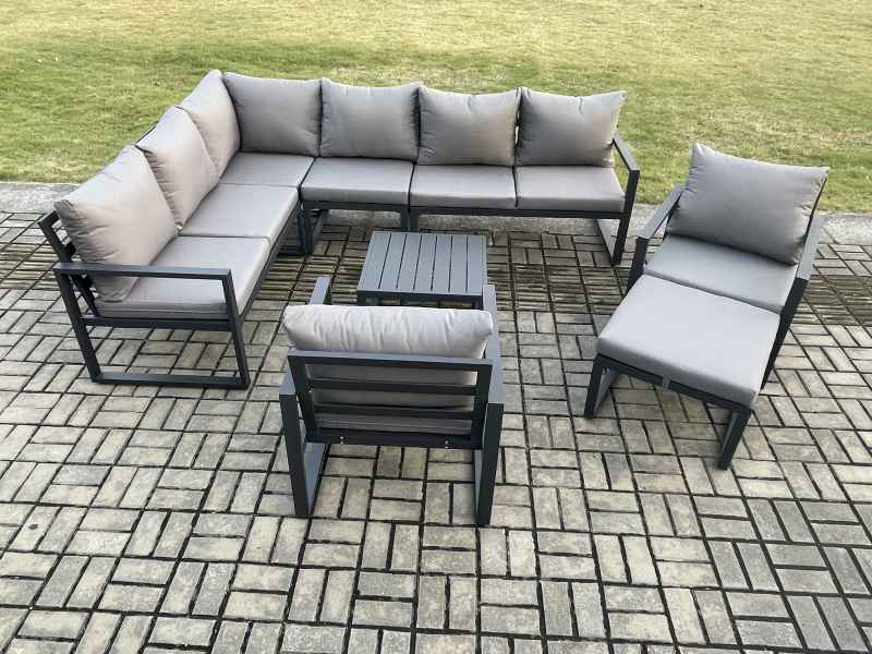 Fimous 9 Seater Aluminium Garden Furniture Set Outdoor Lounge Corner Sofa 2 Pcs Chair Square Coffee Table Sets with Big Footstool Dark Grey