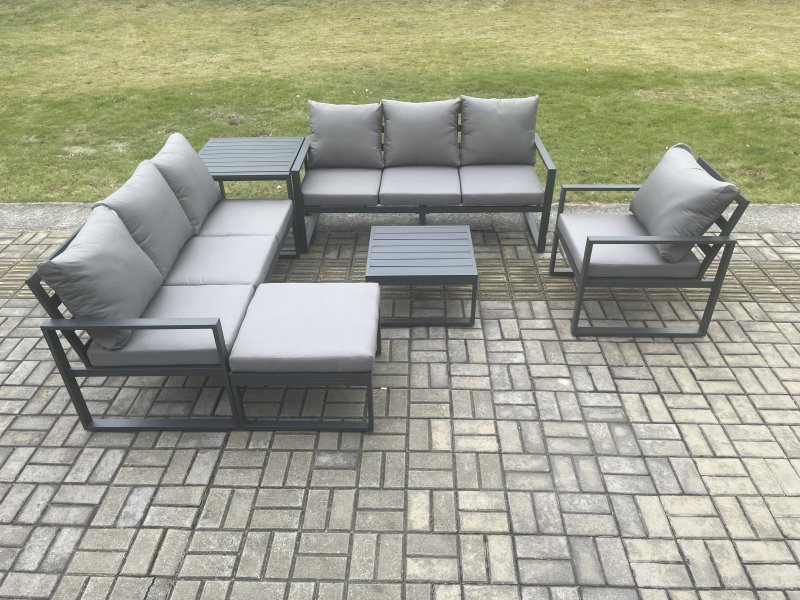 Fimous Aluminium 8 Seater Outdoor Garden Furniture Lounge Sofa Set with Square Coffee Table Chair Big Footstool Side Table Dark Grey