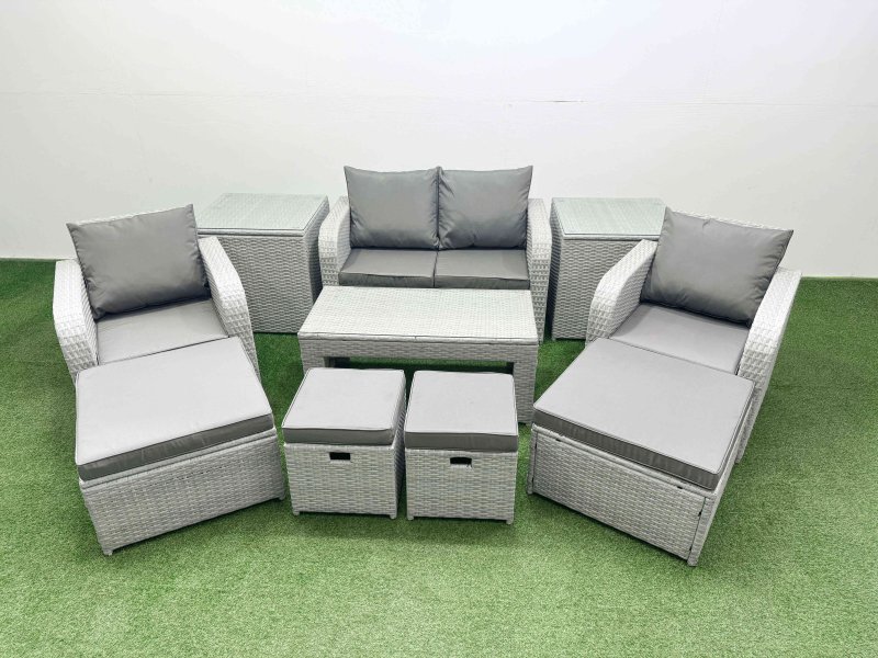 Fimous PE Wicker Rattan Furniture Sofa Sets with Oblong Coffee Table Love Sofa Reclining Chair 2 Side Table 4 Stools Light Grey Mixed