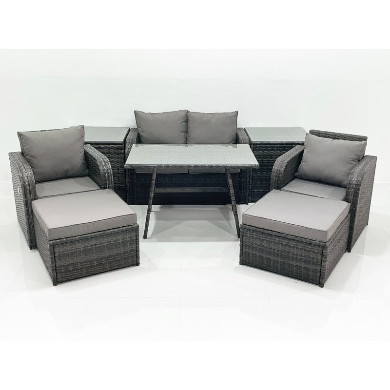 Fimous Outdoor Garden Furniture Set Rattan Sofa Dining Table Set with Reclining Chair 2 Big Footstool 2 Side Tables Dark Grey Mixed