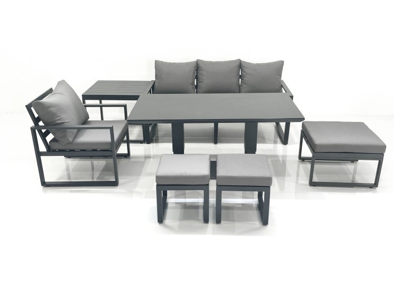 Fimous 7 Seater Garden Sofa Set Aluminium Furniture Rising Dining Tabe Set with Chair 3 Footstool Side Table Dark Grey