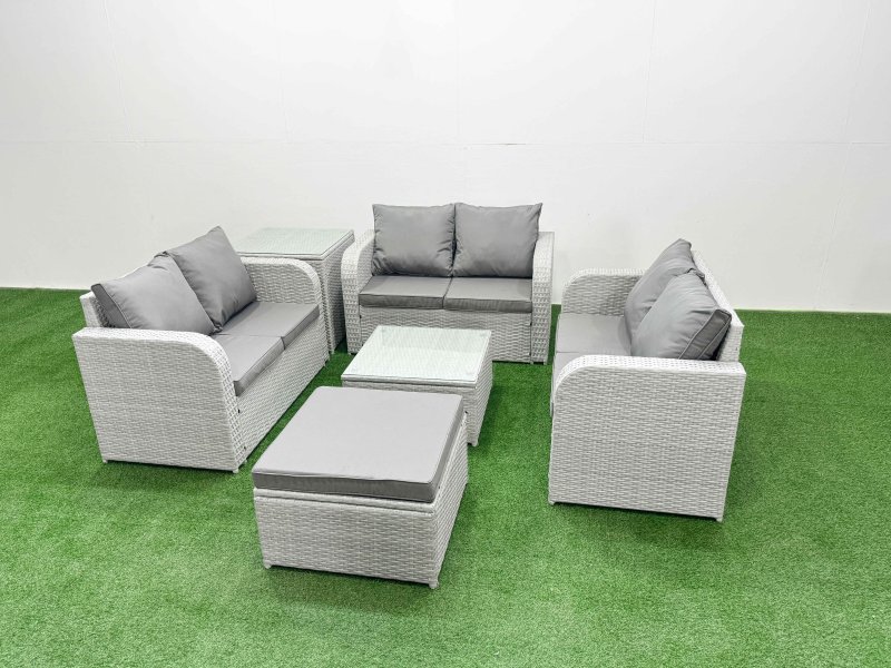 Fimous 7 Seater PE Wicker Rattan Furniture Sofa Sets with Square Coffee Table 2 Seater Love Sofa Big Footstool Side Table Light Grey