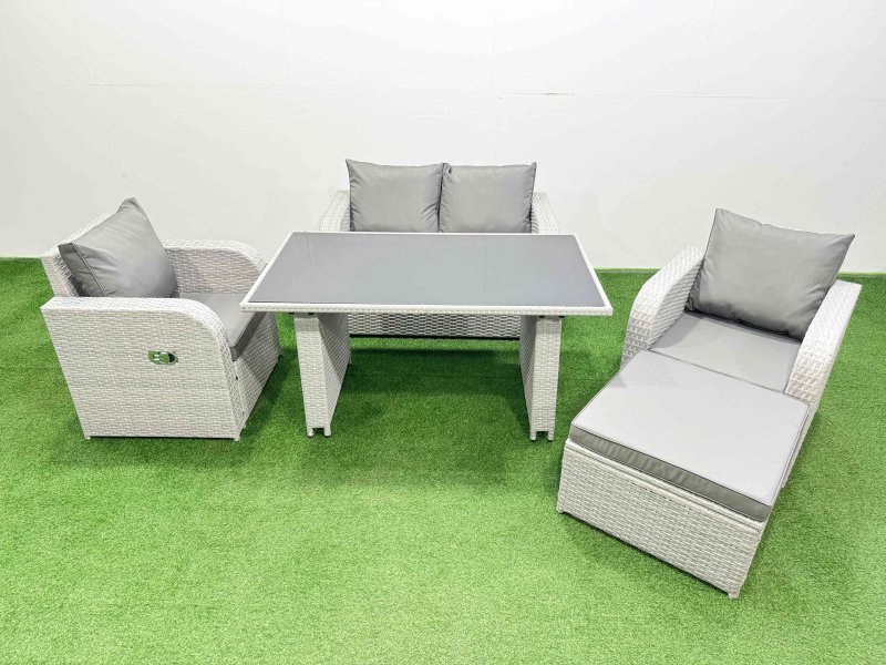 Fimous Outdoor Rattan Garden Furniture Dining Set 5-seater Patio Rectangular Table Love Sofa Reclining Chair Set with Big Stool